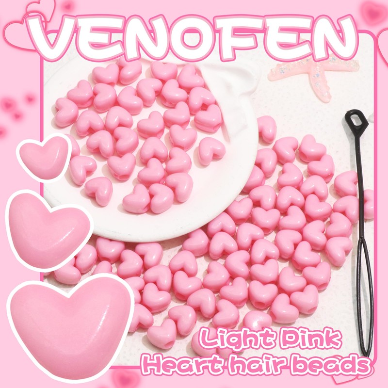 VENOFEN 90PCS Light Pink Heart Beads for Braids Hair Jewelry