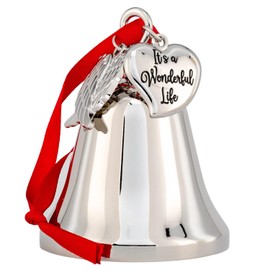 It's a Wonderful Life Inspired Christmas Angel Bell Ornament with Stainless Steel Angel Wing Charm. New Larger Size and Now Comes with 2 Interchangeable Ribbons. (Shiny Silver)