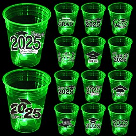 2025 Graduation Party Cups 24 Pack - Glow in The Dark 16oz Plastic Green Cups for Indoor Outdoor Celebrations, Grad Party Supplies & Decorations, Class of 2025 Drinkware with Luminous Design