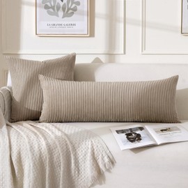 MIULEE Decorative Long Body Lumbar Throw Pillow Cover 14x36 Inch for Bed Couch Bedroom Bench, Soft Corduroy Rectangle Light Brown Pillow Case for Bedroom Living Room Couch (Cover ONLY, Pack of 1)