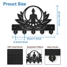MAYJOYDIY Wooden Lotus Meditation Key Hook Zen Lotus Wall Mounted Coat Rack 11.8 x 7.8 inches Black Art Buddhist Buddha Key Hanger with 5 Alloy Hooks for Bedroom Kitchen Entryway Office