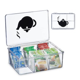 Relaxdays Plastic Tea Box, 6 Compartments, Tea Box with Lid, H x D: 9 x 21.5 x 15 cm, Tea Bag Storage, Transparent