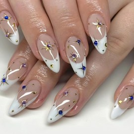 Jremg White French Tip Press on Nails Medium Almond Star Fake Nails with Rhinestone Design 3D Reusable Glue on Nails Glossy Artificial Acrylic Full Cover Stick on Nails for Women Manicure 24Pcs