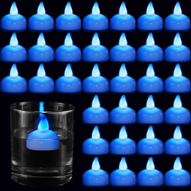 Honoson 24 Pcs Flameless Floating Candles for Centerpiece Waterproof LED Floating Tealights Battery Flickering Tealights for Weddings Pool Centerpiece Vase Party Decor(Blue)