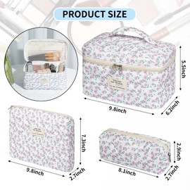 senbowe Floral Makeup Bag, 3 Pack Large Cotton Quilted Makeup Bag Set, Cute Floral Coquette Aesthetic Toiletry Bag Make Up Cosmetic Bag for Women, Toiletry Travel Make Up Organizer Bag