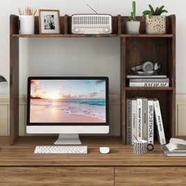 ReunionG Desk Hutch, Wood Desktop Bookshelf w/5 Shelves for 27" Computer Monitor, Laptop, 3 Tier Desk Organizer Display Rack for Home, Office, Dorm, Hutch Top Only (Rustic Brown)