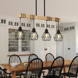 4-Light Kitchen Island Lighting,Modern Chandelier Over Table, Dining Room Light Fixture Hanging for Modern Farmhouse Linear Chandeliers Black Rustic Wood Ceiling Pendant Light Fixtures