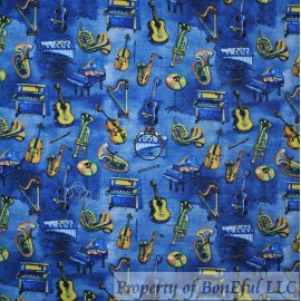 Signature BonEFul FQ Cotton Quilt Blue Tone Tonal Music Piano Guitar Horn Blues Jazz Band