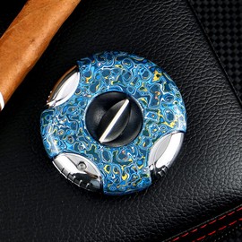 KEENSUN Round V-Cut Cigar Cutter (Blue)-23 Layers Hand Made Lacquer Painting,60 Ring Gauge, Ergonomic Design with Secure-Lock,2 Pack Set with Gift Box (Cigar Cutter and Cigar Holder)