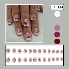 24 Pcs Valentines Press on Nails Short Square Fake Nails White French Tip Valentines False Nails with Red ＆ Pink Heart Design Glitter Full Cover Sparkly Acrylic Nails for Women Nail Art Manicure