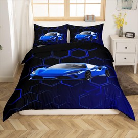 Loussiesd Blue Race Car Duvet Cover Set Double Size For Kids Boys Teens Bedroom Geometric Honeycomb Bedding Set Hexagonal Speed Sports Car Comforter Cover with 2 Pillowcases