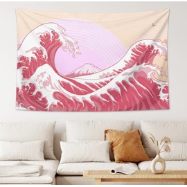 Smacget Pink Wave Tapestry for Bedroom Small Aesthetic tapestry Japanese Mount Fuji Great Wave Wall Hanging Home Living Room Dorm The Great Wave Sea Ocean Wall Art for College Dorm 40ʺ × 28ʺ