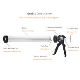 ZHTOOL 600ml Caulking Gun with Aluminum Barrel for 10oz/20oz Sausage Pack,10oz Cartridge and Bulk Application