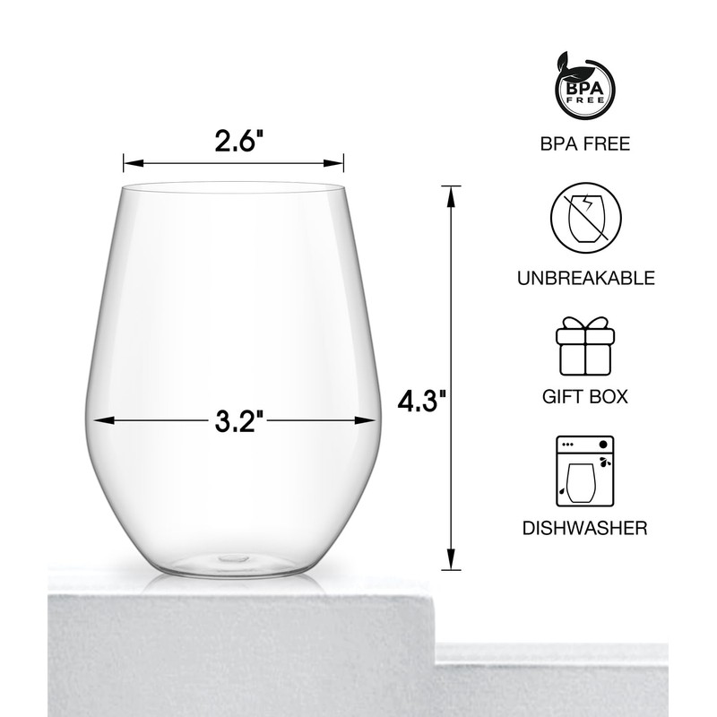 Unbreakable Plastic Stemless Wine Glasses Set of 6, Tritan Plastic