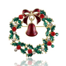 HAISWET Christmas Brooch for Women Green Wreath Brooch Pins with Red Bow Bell Gold Tone
