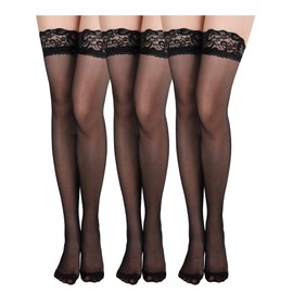 Boao 3 Pairs Women Thigh High Stockings Anti-skid Silicone Lace Stockings Silk Stocking Tights for Women and Girls Supplies(Large,Black)