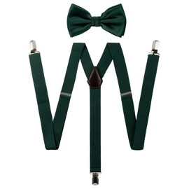 TIE G Solid Color Men's Suspender + Woven Bow Tie Set for Wedding : Vivid Color, Adjustable Brace, Strong Clip, Elastic Band, Hunter Green, Regular