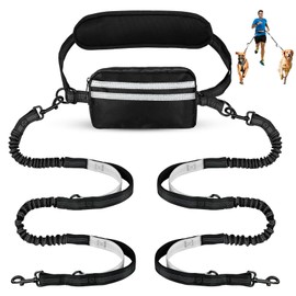 Yicostar Hands Free Dog Leash with Pouch, Double Leash for Two Dogs, Retractable Bungee with Double Padded Handles, Dog Waist Leash for Dog Walking,Dog Walking Accessories,Black Grey