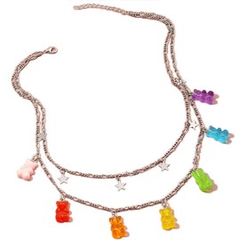 Layered Lock Necklace Punk Gothic Resin Gummy Cartoon Bear Link Chain Pendant Necklace Colorful Rock Hip Hop Transparent Butterfly Dinosaur Animal Choker Necklace for Women Party Jewelry Gifts - Bear A