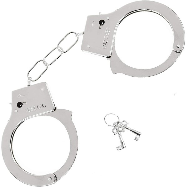 Skeleteen Metal Handcuffs with Keys - Toy Police Costume Prop Accessories Metal Chain Hand Cuffs with Safety Release and Key Silver