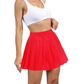 Afibi Women Short Uniform High Waist Pleated Skater Tennis Skirt with Shorts (X-Large, Red)