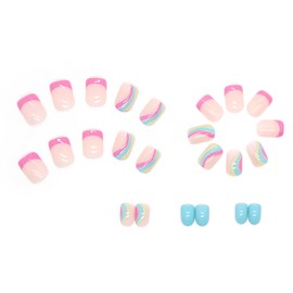 Press on Nails Coffin Short Length, 24Pcs Full Cover Reusable Glossy Square False Nails with Wavy Line Designs, Artificial Fingernails Acrylic Fake Nails with Glue, Stick on Nail with Charm for Women