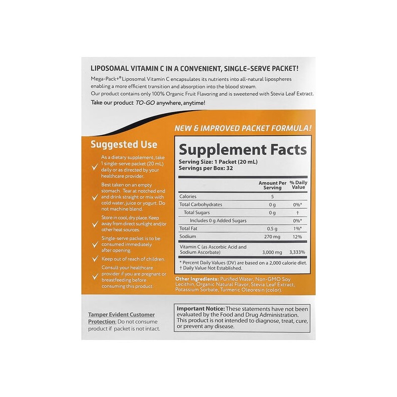 Aurora Nutrascience, Mega-Pack+ Liposomal Vitamin C, 32 packs, 20ml (0.68