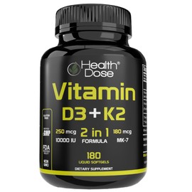 Health Dose Vitamin D3 10,000 IU + K2 (MK7) Supplement, 2-in-1 Formula, Immune Support, a Healthy Mood, Heart, Joint, Teeth, Bone Health, Calcium Absorption, 180 softgels. (1)