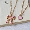 Pink Bow and Heart Charm Necklace Set, Silver Chain, 2