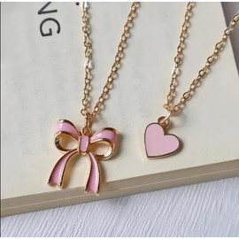 Pink Bow and Heart Charm Necklace Set, Silver Chain, 2 Pendants