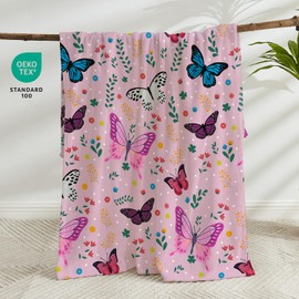 Wajade Butterfly Throw Blanket for Girls Teens Women Pink Soft Fuzzy Flannel Bed Blanket for Couch Sofa Bedroom Plush Colorful Flowers Blankets 60”x80”