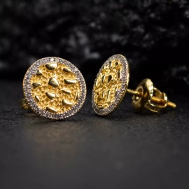 Tsv Jewelers Men's Circle Iced Cz Gold 925 Sterling Silver Hip Hop Round Nugget Stud Earrings