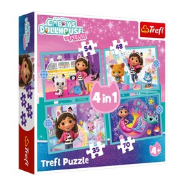 Trefl - Gabby's Dollhouse, Gabby's Big Adventure - 4-in-1 Puzzle, 4 Puzzles, 35 to 70 Pieces - Various Difficulty Levels, Colourful Puzzles with Fairy Tale Figures, Fun for Children 4 Years and Up