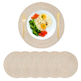 Round Placemats Set of 6, ZOIMINU 14.2 Inch Round Braided Place Mats, Washable Heat Resistant Cotton Polyester Woven Table Mats for Kitchen Table Decor (Beige)