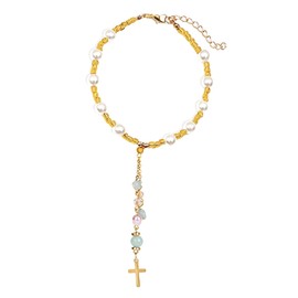 Natural Jade Cross Car Hanging Ornament,Handmade Glass Beaded Charm with Pearl,Car Hanging Accessories Sun Catcher for Cars Rear View Mirror,Universal Rear View Mirror Accessories (Gold)
