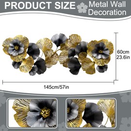 edaknez Extra Large Metal Wall Art, Metal Wall Decor for Living Room, 3D Flower Leaves Wall Decoration, Coastal Nautical Wall Hanging Sculpture, for Indoor Outdoor Black & Gold (B 145x55x6cm)