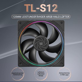 Thermalright TL-S12 CPU Fan Case Cooler PWM Fan Light Effect with Fine Aperture 4-Pin PWM Connection Computer Fan with ARGB Faceplate, 1500RPM Speed PC Cooling Fan (120 mm, Black)