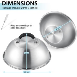 Joyfair Cheese Melting Dome, 9.8 Inch Stainless Steel Basting Cover Set of 2, Large Metal Steaming Cover Grill Lid for Indoor & Outdoor Flat Top Griddle Teppanyaki Cheese Burger, Dishwasher Safe