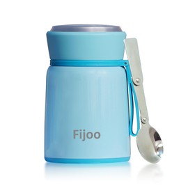 Fijoo 16oz Stainless Steel Triple Wall Vacuum Insulated Thermo Food Jar + Folding Spoon. Hot & Cold for hours. (Blue, 16 Ounce)