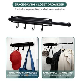 12in，Valet Rod，Valet Rod For Closet Pull Out，（Black） Closet Rod，Hanging Rod，Scalable Slide Out，Valet Hook，Contains 4 Hooks，Used For Wardrobes, Bathrooms, Laundry Rooms, Bedrooms, Wardrobes