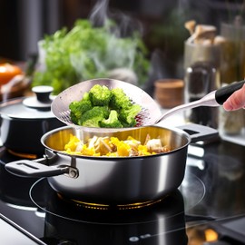 Lyveit Large Slotted Spoon with Long Wooden Handle 16 Inch Deep Frying Scoop with Hanging Holes, 304 Stainless Steel Fryer Skimmer Spoons for Kitchen Cooking Frying Draining