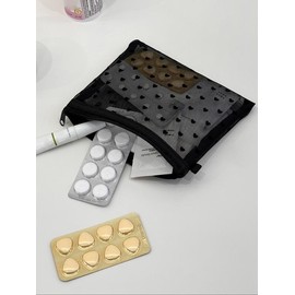 New Mini Heart Mesh Makeup Bag, Portable Velour Pouch, Multi-Functional Transparent Cosmetic Bag, All Seasons Casual Style:_Black_L