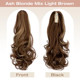 Felendy Ponytail Extension, 18" Claw Clip in Ponytail Extensions Curly Wavy Ponytail Hair Extension Jaw Clip on Long Pony Tails Hairpiece for Women Synthetic Ash Blonde Mix Light Brown