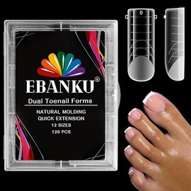 EBANKU Poly Gel Nail Forms for Toes, Long Square Dual Forms for Pedi Nail Extension Poly Gel Toenails Reusable Toe Nail Tips Mold, 120Pcs 12 Sizes