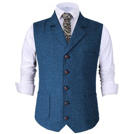 Chaleco retro con cuello en V para hombre, de lana de tweed, de ajuste regular, para chamarra, Azul/claro, Medium