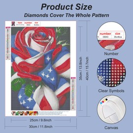 Acudotr Diamond Painting Kits for Adults, 5D DIY Diamond Art Kits for Beginners, Full Drill Diamond Painting Kits for Home Wall Decor, Flag Rose, 12x16 Inch