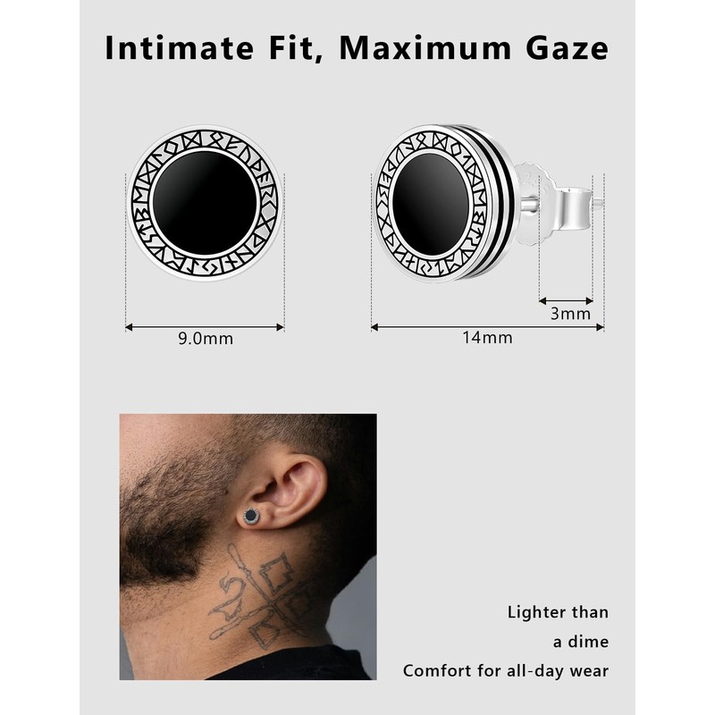 KRKC&CO Black Earrings Stud for Men, 925 Sterling Silver Hypoallergenic