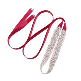 Jovbridsea Crystal Wedding Sash Belt with Rhinestone Bridal Belt Handmade Bridesmaid Belts for Dress, Silver,burgundy, One Size