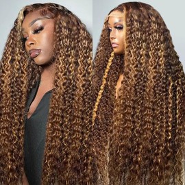 Arseomi 34Inch 4/27 Highlight Ombre Deep Wave Lace Front Wigs Human Hair 13x6 HD Transparent Lace Front Wigs Pre Plucked 200% Density Glueless Wigs Curly Human Hair wig for Women