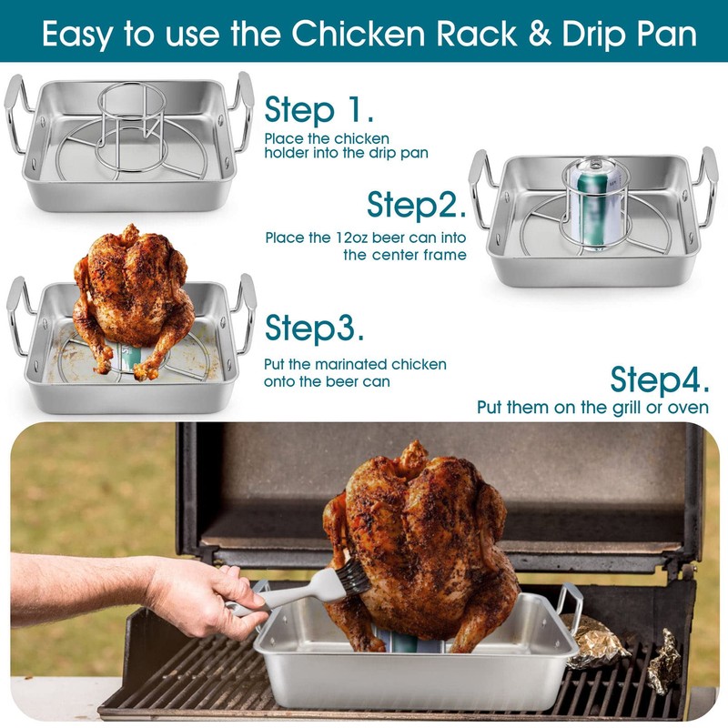 TeamFar Beer Can Chicken Holder, Stainless Steel Roasting Drip Pan